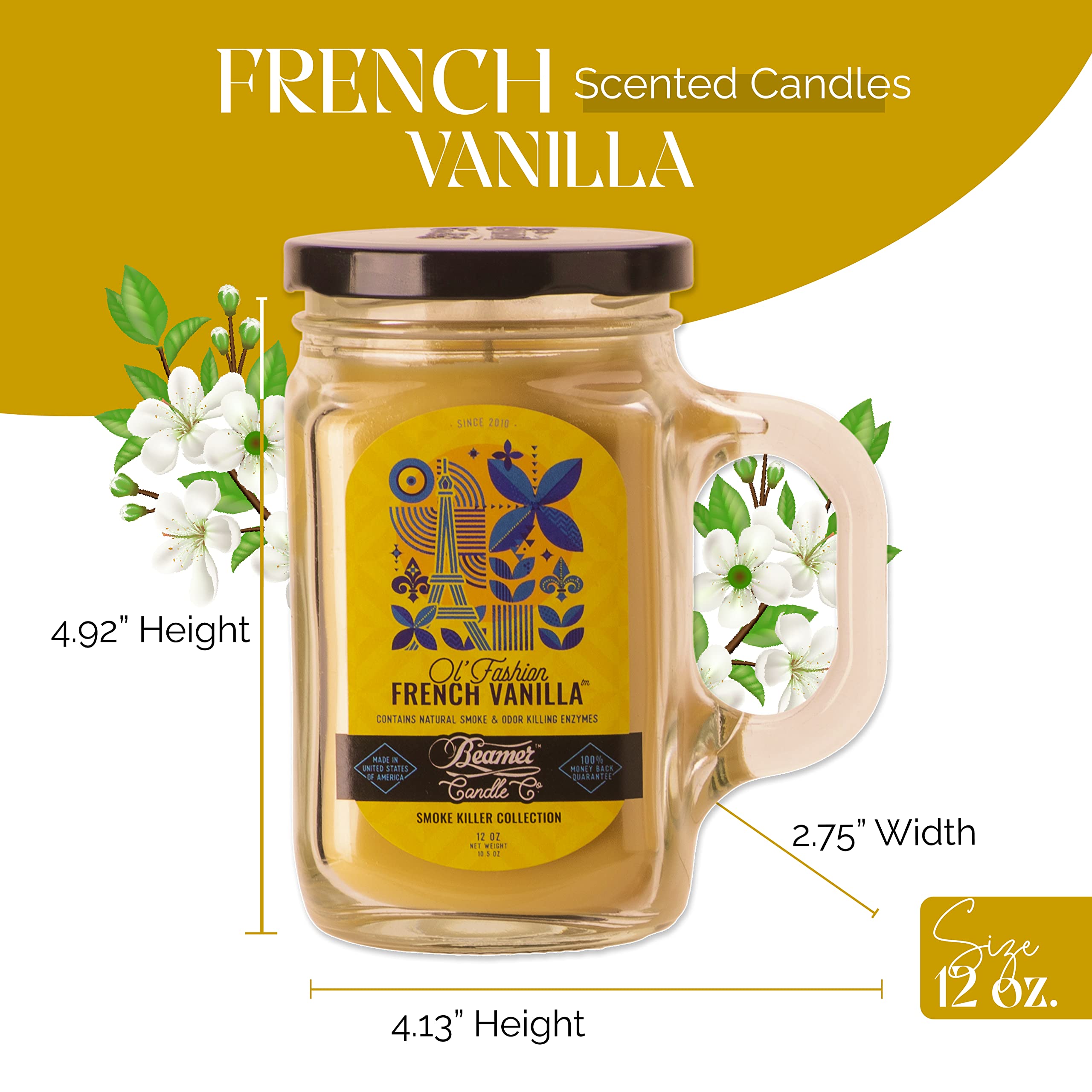 Beamer Candle Co. - French Vanilla Candle - Rich Creamy Vanilla Scent - Odor Eliminating - High Fragrance - Large 12oz Mason Jar